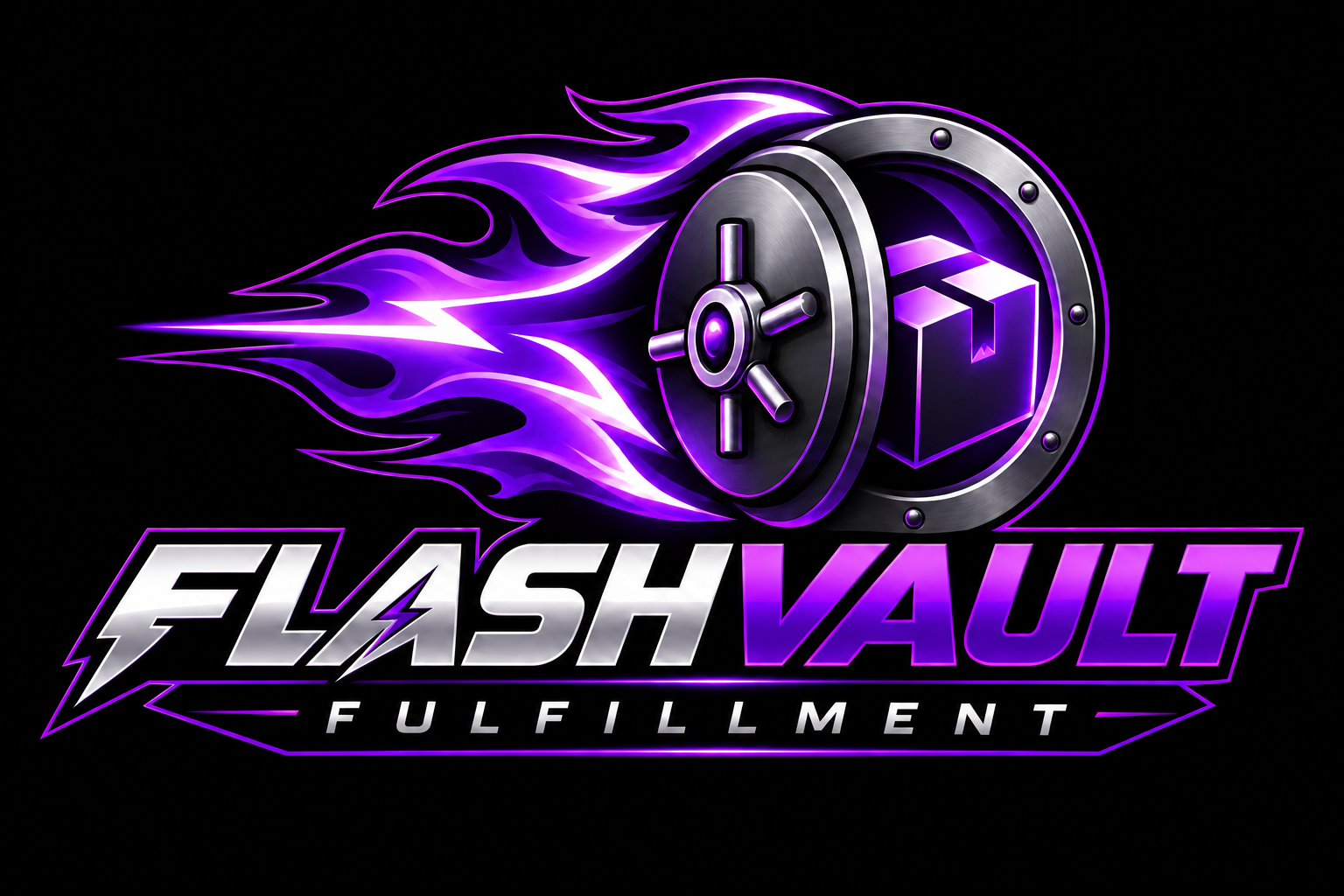 FlashVault Fulfillment logo with a purple flaming vault and shipping box